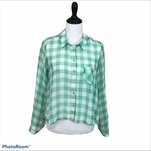 Free People green gingham sheer hi lo button up collared shirt